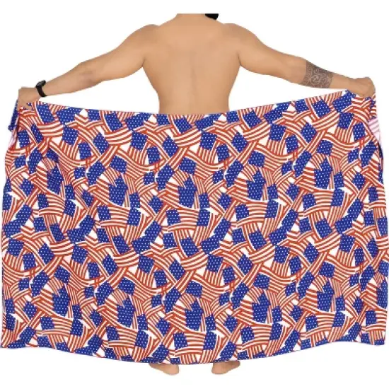 LA LEELA Men's Patriotic 4th of July American Flag Summer Sarong Swim Trunk Long Beach Pareo Wrap One Size Cherry Allover US Flag image {4}