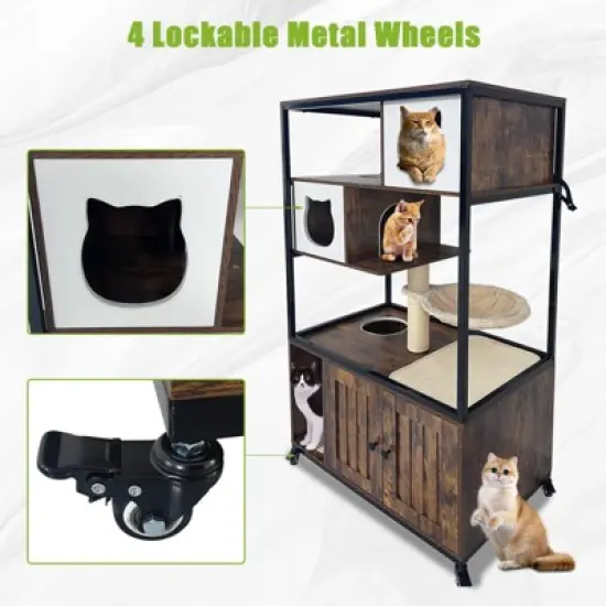 Hidden Litter Box Furniture Enclosure - Multi-Functional Cat Tree with Wheels, Hammock & Scratching Post - Wood/Metal Frame for Living Room image {3}