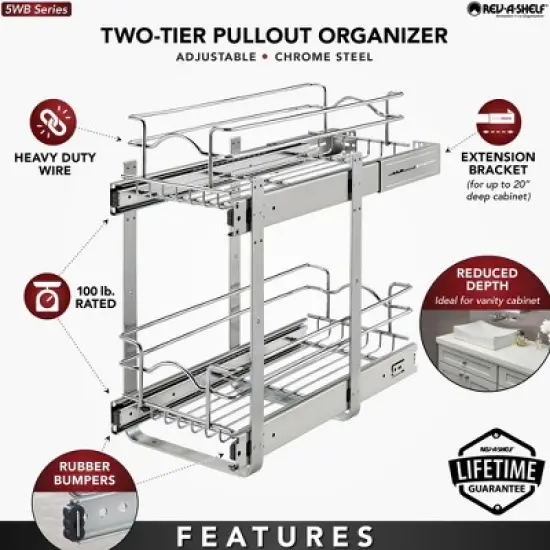Rev-A-Shelf 5WB2 2-Tier Wire Basket Pull Out Shelf Storage for Kitchen Base Cabinet Organization, Chrome image {2}