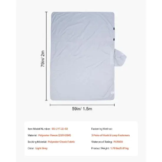 VEVOR Camping Blanket, Large Warm Wearable Stadium Blanket, Waterproof & Windproof, Polyester Fleece, Flame Retardant, 79" x 59", Light Grey image {7}