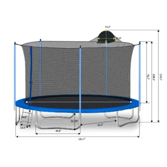 DSVIMOY Trampoline, Kids&Adults Trampoline with Heighten Net, Indoor Outdoor Recreational Trampoline, Blue, 141.7"*141.7"*100.4" image {1}