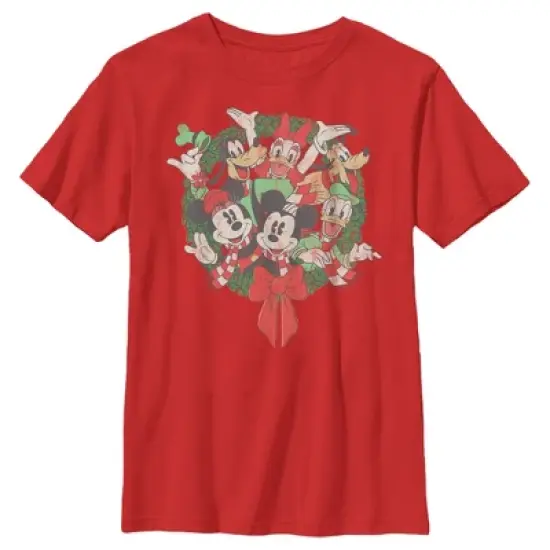 Boy's Mickey & Friends Christmas Distressed Group Wreath T-Shirt image {3}