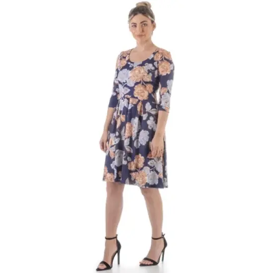 24seven Comfort Apparel Blue Rose Three Quarter Sleeve Pleated Dress image {1}