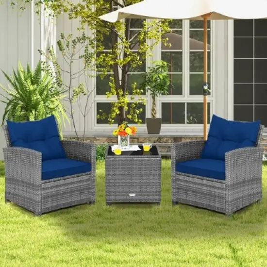 Costway 3PCS Patio Rattan Furniture Bistro Set Cushioned Sofas Side Table Armrest image {1}