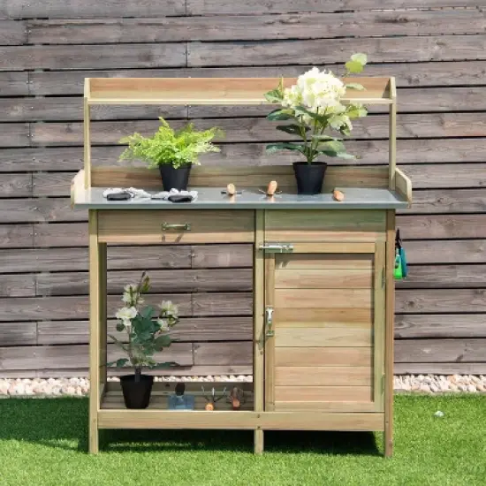 Costway Outdoor Potting Bench Garden Wooden Work Station Metal Tabletop Cabinet Drawer image {2}
