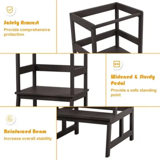 Costway Kids Kitchen Step Stool Wooden Toddler Stand Helper w/ Safety Rail Gray\Brown image {8}