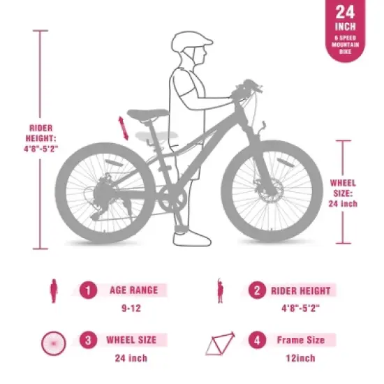 Gulches Kids' Mountain Bike 24 Inch, Shimano 6-Speed, Reinforced Steel Frame, Dual Disc Brakes, Black Leather Saddle, for Boys & Girls image {3}