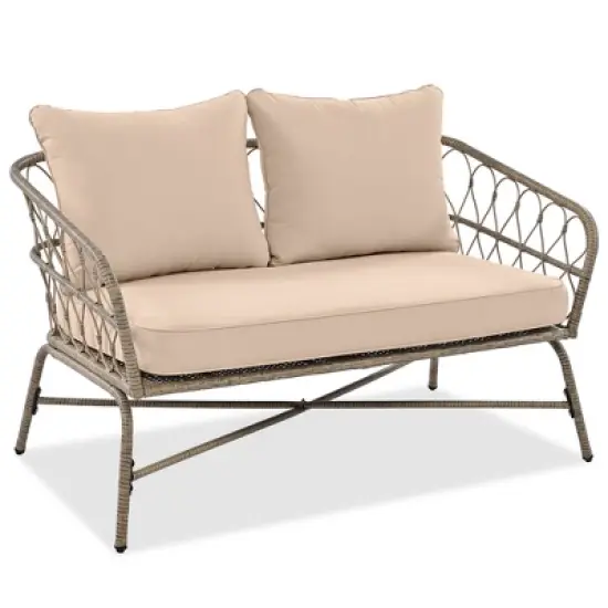 4pcs Outdoor Seating Group, Patio Conversation Set With Removable Cushions, Wood Tabletop, Beige -ModernLuxe image {8}