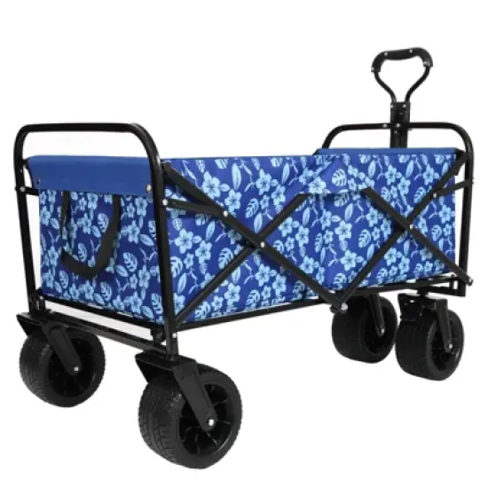 DSVIMOY Collapsible Foldable Wagon Cart, Beach Wagon Utility Cart for Camping Shopping Sports Gardening Fishing, Blue Flower, 35.04"*24.41"*38.58" image {3}