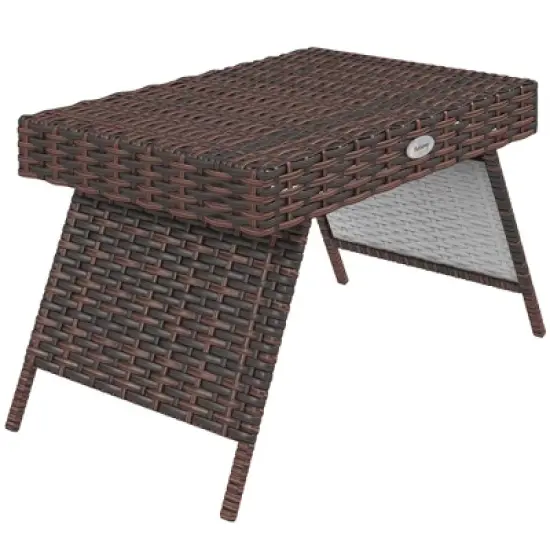Outsunny Outdoor PE Wicker Side Table, Foldable Patio Wicker End Table, Metal Frame, Hand Woven PE Rattan, Coffee Table, Brown image {3}