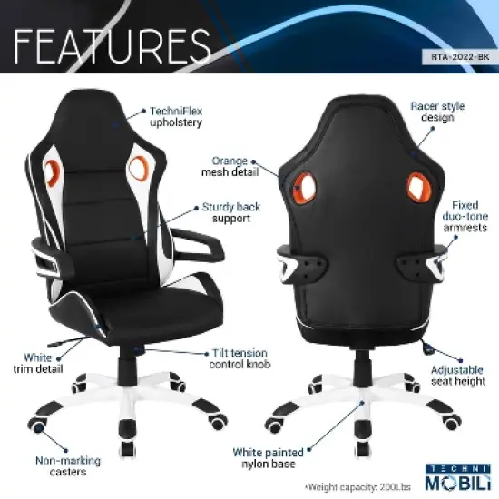 Racing Style Home & Office Chair Black - Techni Mobili image {5}