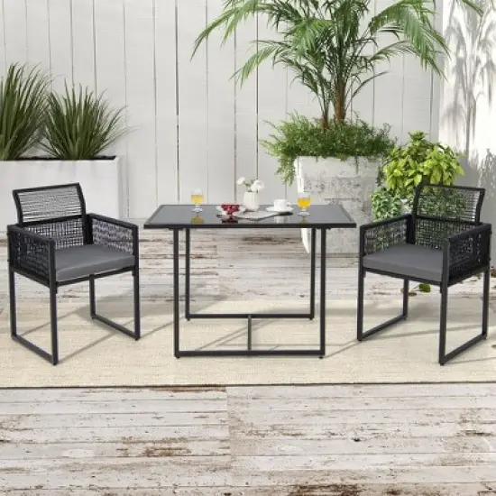 Costway 3 PCS Patio PE Wicker Furniture Set Cushioned&nbsp;Chairs with Folding Backrest Backyard Black/White image {10}