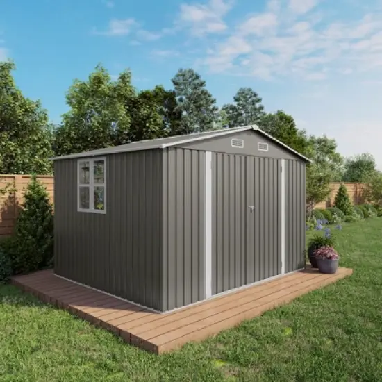 10 x 8 FT Outdoor Storage Shed,Lockable Door and Air Vent, Clear Window Garden Tool Shed for Bicycles,Backyards, Patios, Lawns,Gray image {12}