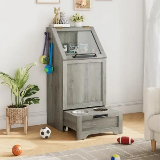 Large Dog Food Storage Cabinet with Flip Top - Pet Feeding Station & Organizer w/Transparent Lid, Side Hooks for Leashes - Multi-Functional Furniture image {9}