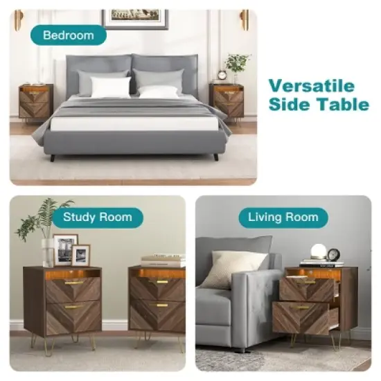 Resenkos Modern Night Stand Set of 2 with Mobile APP Remote Light, Jointed Wood Grain Bedside Table for Bedroom Rustic image {8}