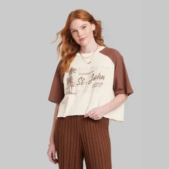Women's Ascot + Hart Cropped St. John Elbow Sleeve Graphic T-Shirt - Brown image {1}