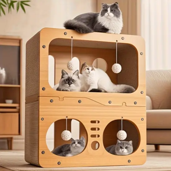 Hrinhom 17.7"W 2-Storey Wood Cat Villa with Scratching Boards+4 Toy Pendants image {7}