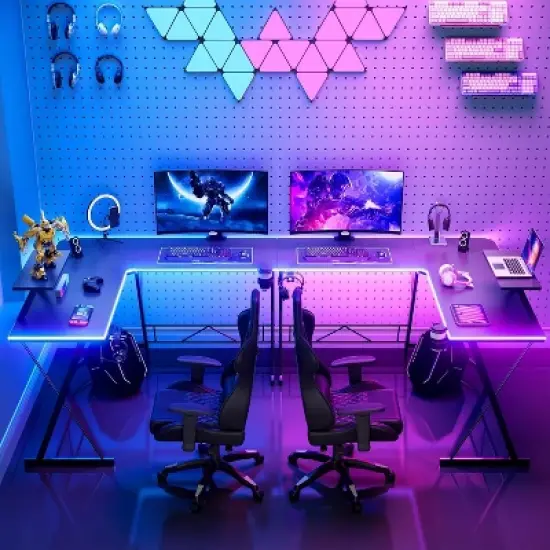 Mr Ironstone Gaming Desk with LED Lights, L Shaped Desk Corner with Cup Holder & Headphone Hook, Computer Desk Home Office Desks with Monitor Stand image {6}
