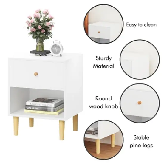 KWPZQEB Wood Nightstand, Bed Side Table with Open Shelf & Drawer, Modern Night Stand with Solid Wood Legs for Bedroom Living Room Small Space image {6}