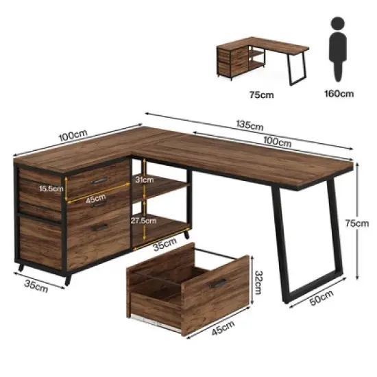 Resenkos Computer Desk, Gaming Desk,53" Reversible L-Shaped Computer Desk With 3 Drawers & Shelves,Rustic image {1}