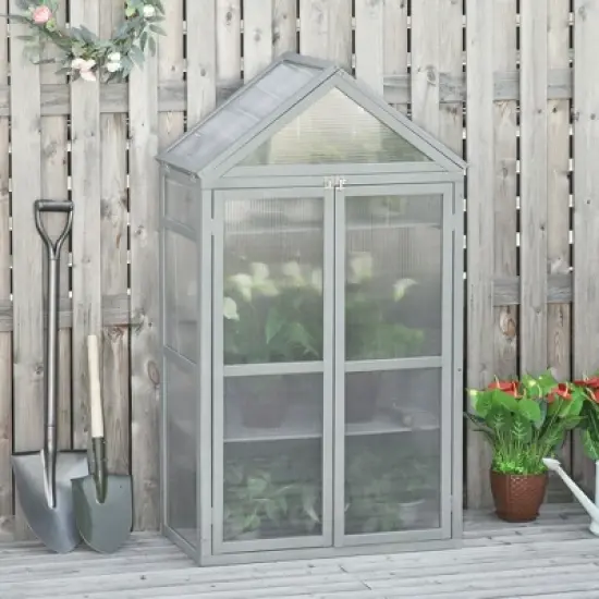 Outsunny 32" x 19" x 54" Garden Wood Cold Frame Greenhouse Flower Planter with Adjustable Shelves, Double Doors image {1}