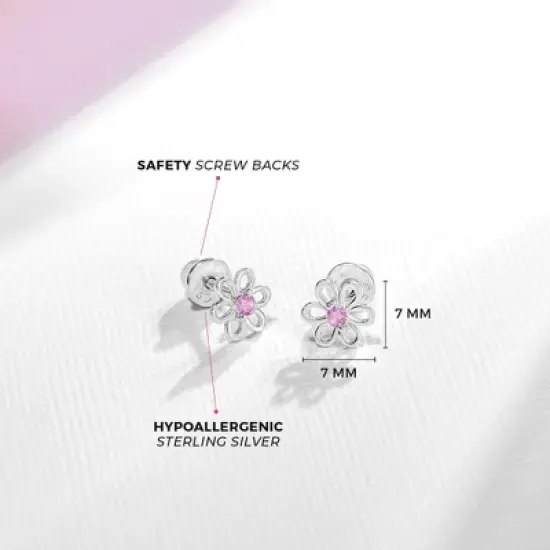 Girl's Spring Cubic Zirconia Flower Screw Back Sterling Silver Earrings - In Season Jewelry image {4}