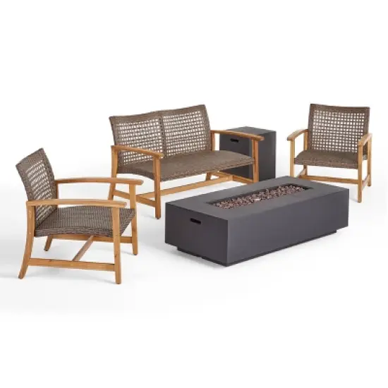 Christopher Knight Home Augusta Outdoor Acacia Wood and Wicker 4 Seater Chat Set with Fire Pit image {14}