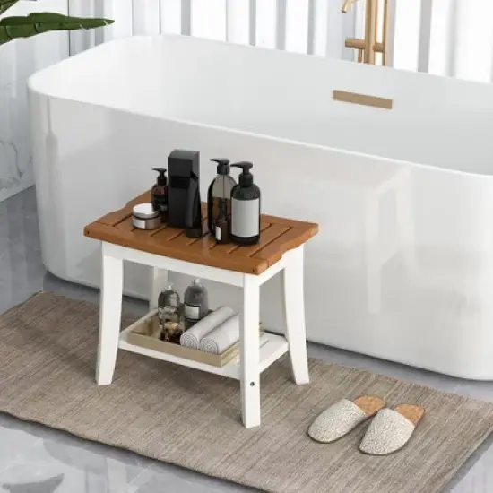 Costway 20'' x 13'' Heavy Duty Waterproof HDPE Shower Bench 2-Tier Bath Spa Stool Off White & Brown image {2}