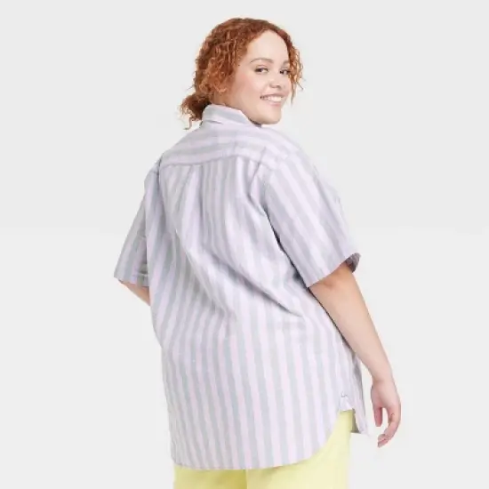 Houston White Adult Short Sleeve Oxford Woven Button-Down Shirt - Purple Striped image {1}