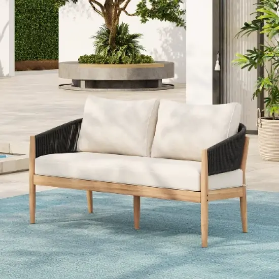 Christopher Knight Home Stuart Modern Patio Acacia Wood Woven Rope Loveseat with Cushion image {9}