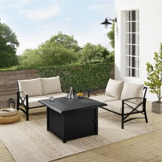 Kaplan 3pc Outdoor Conversation Set with Fire Table & 2 Loveseats - Oatmeal - Crosley image {6}