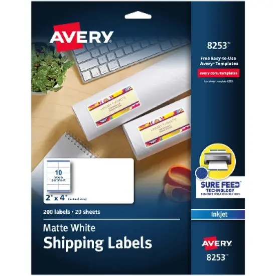 Avery White Shipping Labels, Sure Feed Technology, Permanent Adhesive, 2" x 4", 200 Labels (8253) image {7}