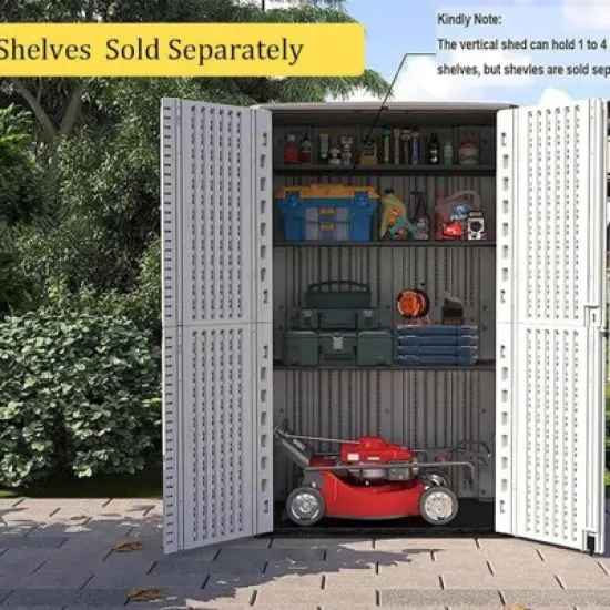 Syemin Outdoor Storage Shed, Vertical Tall Tool Shed with Five Shelves, Lockable Door for Patio, Backyard and Lawn, White, 50"*82"*29" image {2}