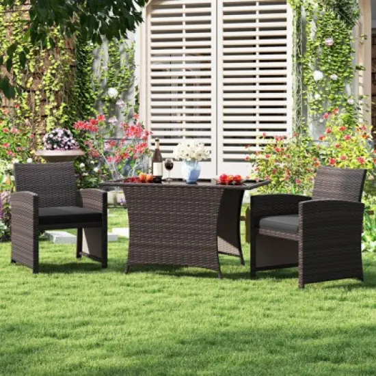 Costway 3 PCS Wicker Bistro Set Balcony Furniture Set with Tempered Glass Dining Table image {10}
