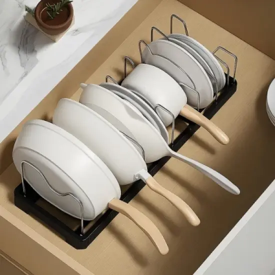 Fortune Candy Retractable Cabinet Organizer Rack, Pot Lid Holder with 6 Adjustable Dividers for Cutting Boards, Pans, and Kitchen Storage image {4}