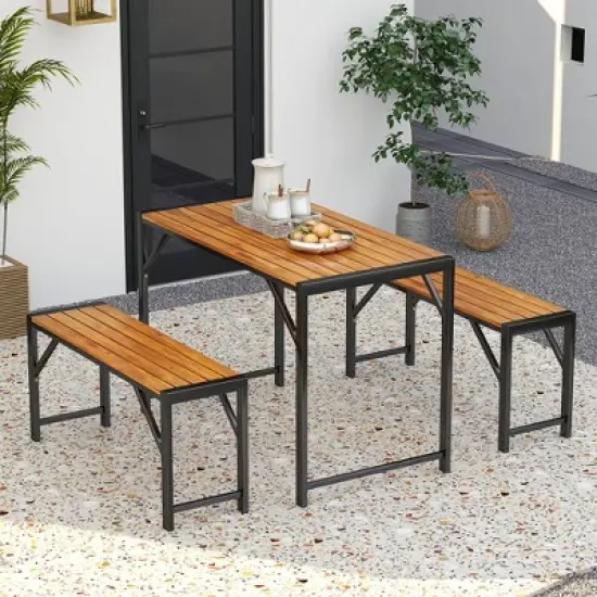 Tangkula 3 PCS Dining Set for 4 People Outdoor Picnic Table & 2 Benches w/ Metal Frame image {4}