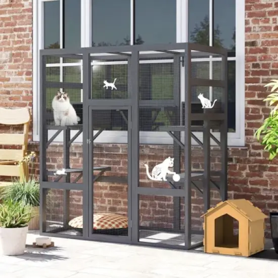Sandinrayli 70Inches Large Stable Spacious Wooden Catio Outdoor Cat Enclosure with Perches and Condos image {9}