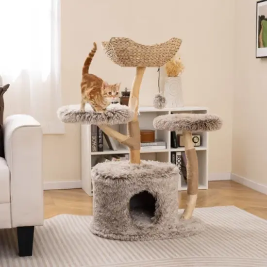 Costway Solid Wood Cat Tree with Well-woven Cattail Basket Luxury Condo Scratching Posts image {4}