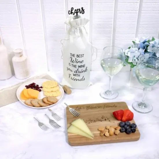 Pavilion Gift Company - Life Is Better With Friends - Birds 7 x 9 Inch Cutting Cheese Board, Set Of 4 Forks With Debossed Text image {2}