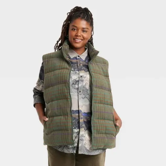 Houston White Adult Puffer Vest - Green Plaid image {4}