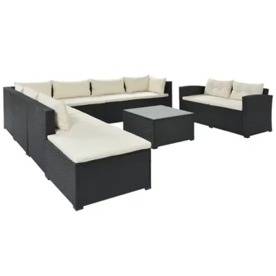 9pc Wicker Patio Sectional Seating Set with Cushions - Black/Beige - GODEER image {8}