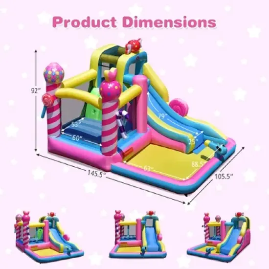Costway Inflatable Bounce House Sweet Candy Bouncy Castle W/ Water Slide& 480W Blower image {3}