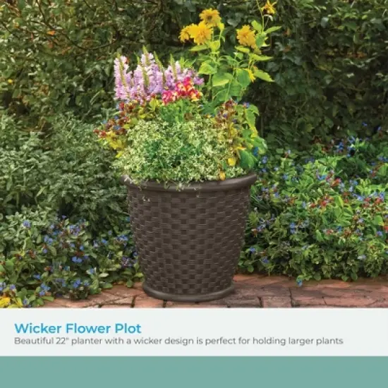 Suncast Sonora 22 Inch Resin Wicker Indoor or Outdoor Decorative Garden Flower Planter for Entryways and Backyard Patios, Dark Brown image {2}