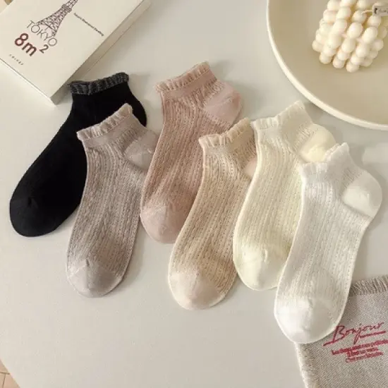 Anna-Kaci 5 Pairs Women's Ruffle Cuff Lace Knit Ankle Socks Breathable Soft Stretch Fabric with Multiple Color Options image {5}