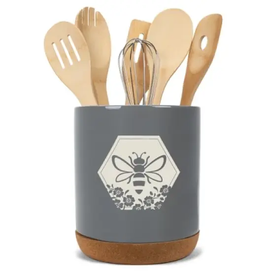 Elanze Designs Bee Honeycomb Flowers Arrangement Hive Ceramic Cork Bottom Gray Large Capacity Utensil Holder Crock for Countertop Storage, Stylish & image {4}