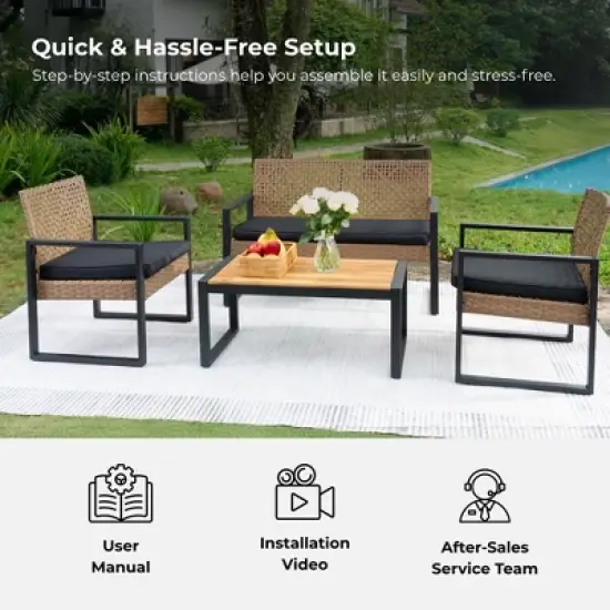 Aukfa Modern Weave 4-Piece Outdoor Patio Conversation Set with Cushions and Wood-Top Coffee Table - Noir Garden Sofa & Chair Set image {8}