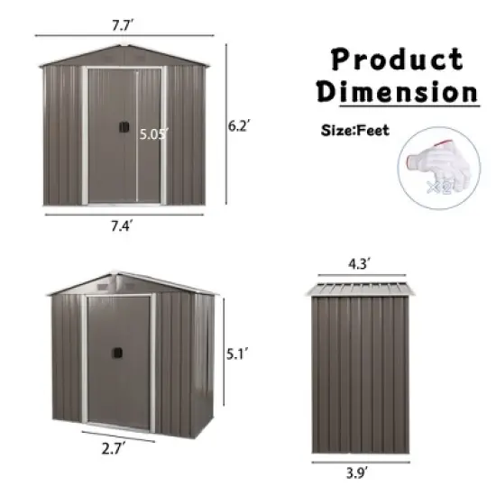 8 x 4ft Outdoor Metal Storage Shed, with Anchors Hooks Padlock Gloves Weatherproof Aluminum Frames Outdoor Storage House image {4}