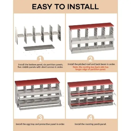 Red 10-Compartment Wall-Mountable Metal Chicken Nesting Box, Roll Away Rustproof Design, Ventilated with Perch & Waterproof image {2}