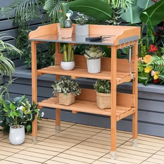 Costway Garden Wooden Potting Bench Work Station Table Tool Storage Shelf W/Hook image {1}
