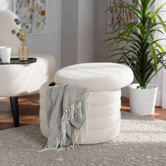 Tabitha Boucle Upholstered Storage Ottoman Ivory - Baxton Studio: Contemporary Round, No Assembly Required image {5}